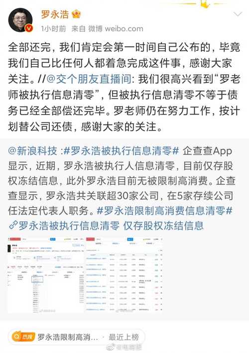罗永浩回应被执行信息清零