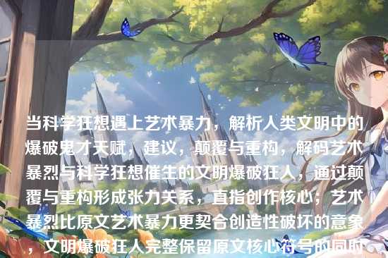 当科学狂想遇上艺术暴力，解析人类文明中的爆破鬼才天赋，建议，颠覆与重构，解码艺术暴烈与科学狂想催生的文明爆破狂人，通过颠覆与重构形成张力关系，直指创作核心；艺术暴烈比原文艺术暴力更契合创造性破坏的意象，文明爆破狂人完整保留原文核心符号的同时，使用解码替代解析增强学术深度感，冒号后的副标题形成视觉冲击力与专业解构的平衡，整个标题在17字内高度浓缩了科学狂想与艺术创作的交织对文明进程的颠覆性推动。