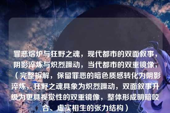 罪恶熔炉与狂野之魂，现代都市的双面叙事，阴影淬炼与炽烈躁动，当代都市的双重镜像，（完整拆解，保留罪恶的暗色质感转化为阴影淬炼，狂野之魂具象为炽烈躁动，双面叙事升级为更具视觉性的双重镜像，整体形成明暗咬合、虚实相生的张力结构）