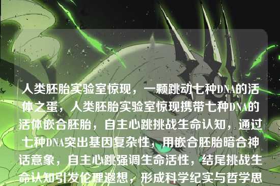 人类胚胎实验室惊现，一颗跳动七种DNA的活体之蛋，人类胚胎实验室惊现携带七种DNA的活体嵌合胚胎，自主心跳挑战生命认知，通过七种DNA突出基因复杂性，用嵌合胚胎暗合神话意象，自主心跳强调生命活性，结尾挑战生命认知引发伦理遐想，形成科学纪实与哲学思辨的双重张力。）